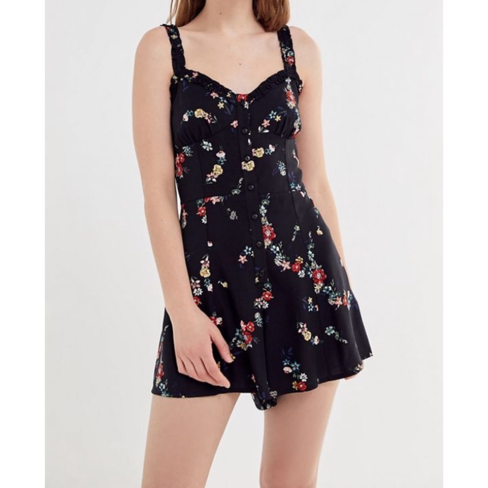 UO Floral Ruffle Button Front Romper